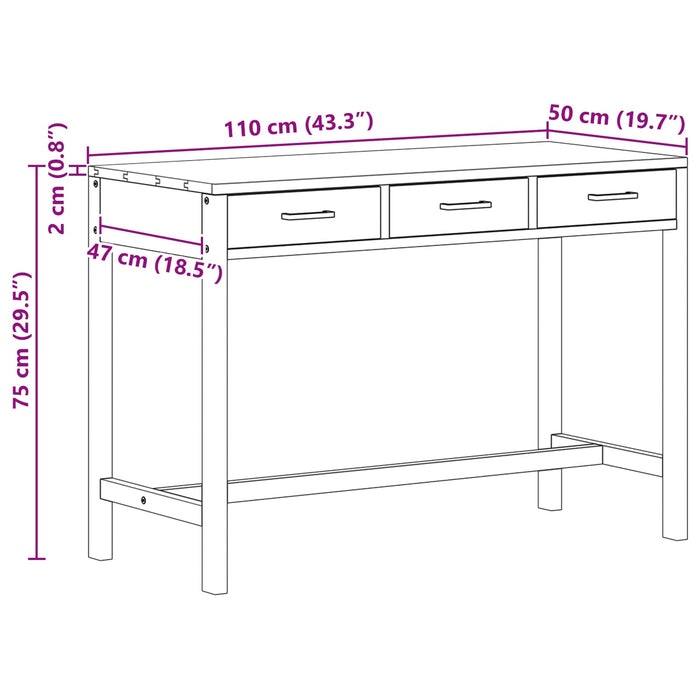 Birou cu Sertare natural Lemn solid de tec 110 x 50 x 75 cm WALTI