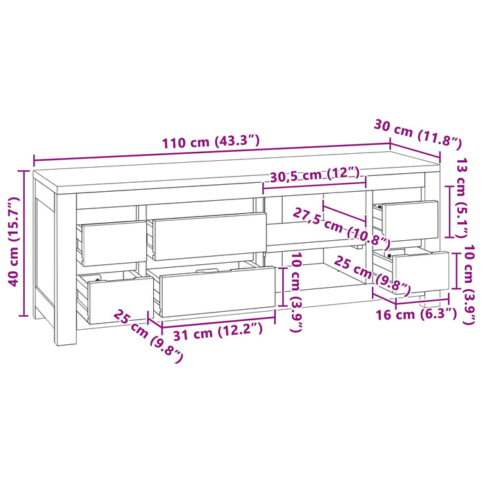 Comodă TV 110 x 30 x 40 cm natural Lemn solid de tec WALTI