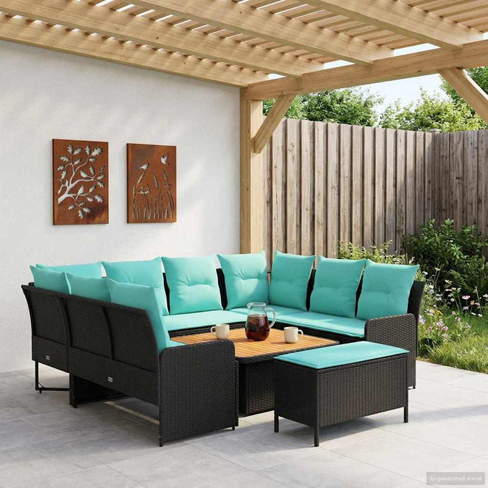 Seturi de mobilier cu pernă 7 pcs Negru și Turcoaz Ratan PE WALTI