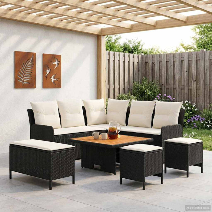 Seturi de mobilier cu pernă 7 pcs Negru și Crem Ratan PE WALTI