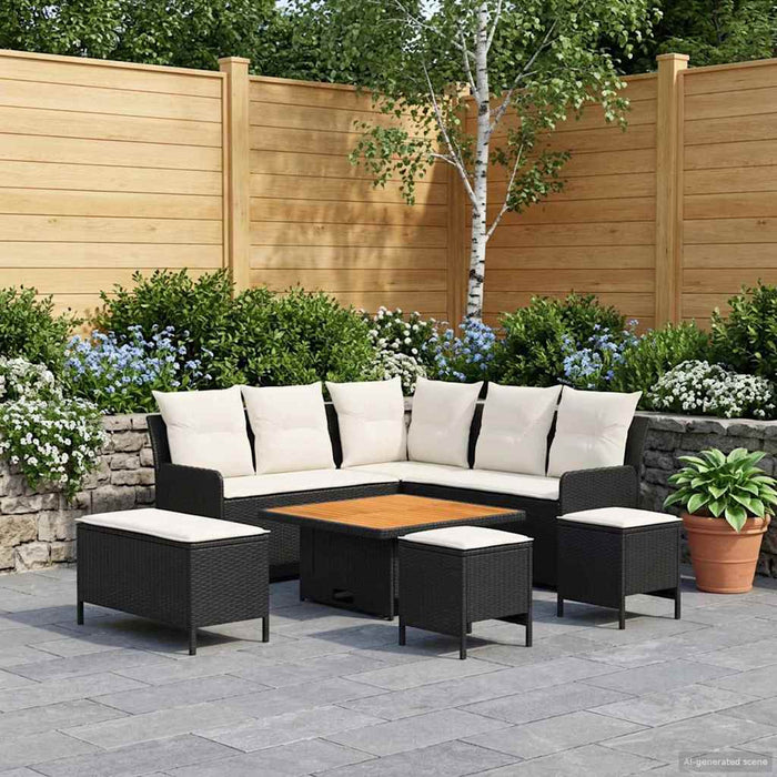 Seturi de mobilier cu pernă 7 pcs Negru și Crem Ratan PE WALTI