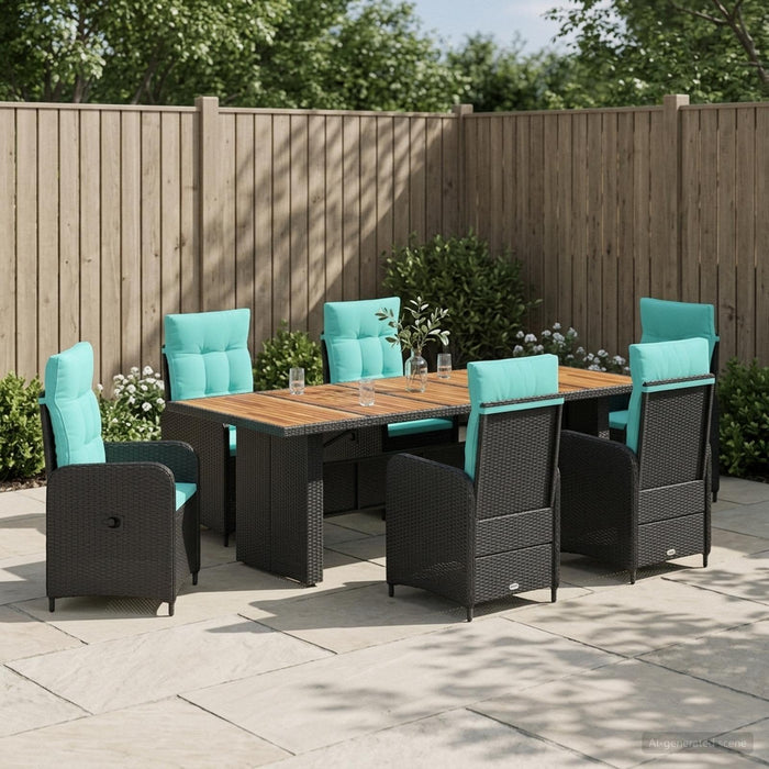 Set dining pentru exterior 7 buc. Negru și Turcoaz poliratan WALTI