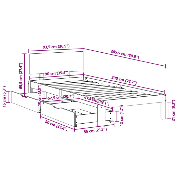 Cadru de pat cu headboard 3 pcs Maroniu cerat Lemn de pin masiv WALTI