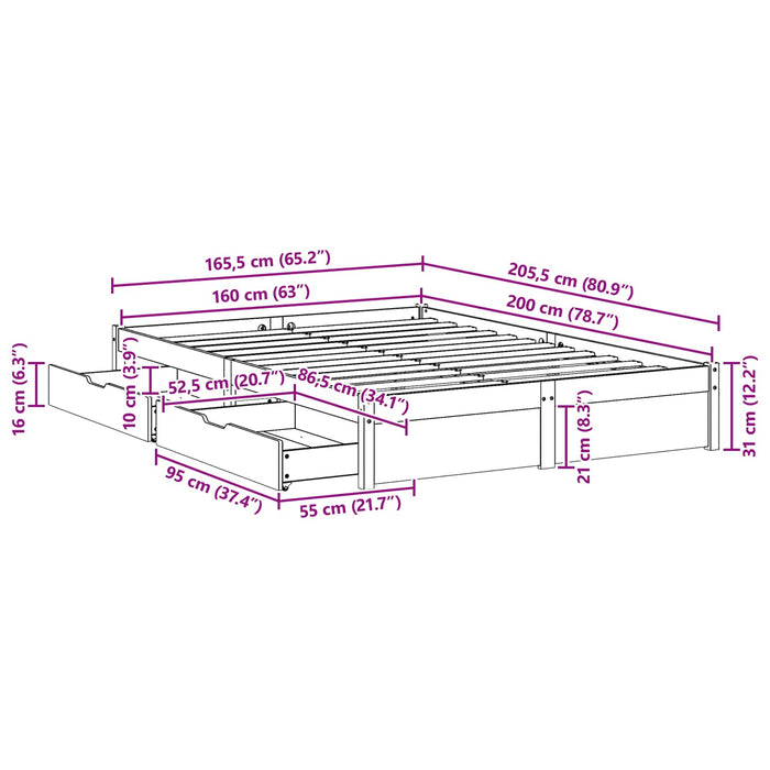 Cadru de pat cu sertar 3 pcs Maroniu cerat Lemn de pin masiv - WALTI WALTI
