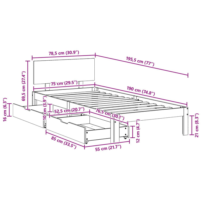 Cadru de pat Maroniu cerat 70 x 190 cm Lemn de pin masiv WALTI