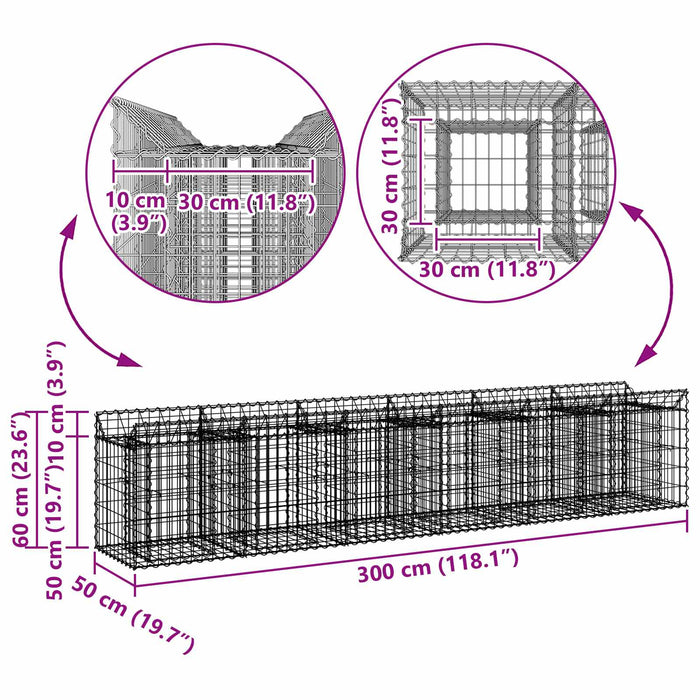 Pat ridicat din gabion 2 pcs Argintiu 300 x 50 x 60 cm - WALTI WALTI