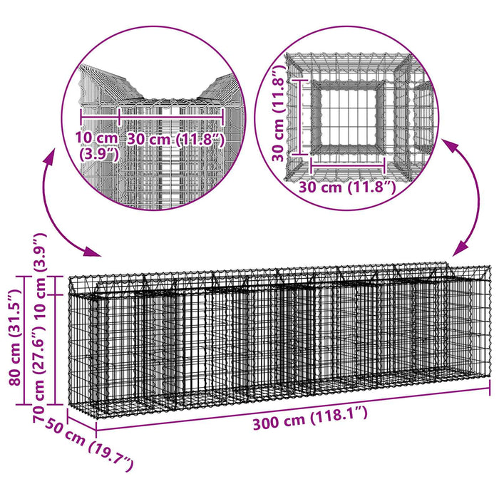 Pat ridicat din gabion 2 pcs Argintiu 300 x 50 x 80 cm - WALTI WALTI
