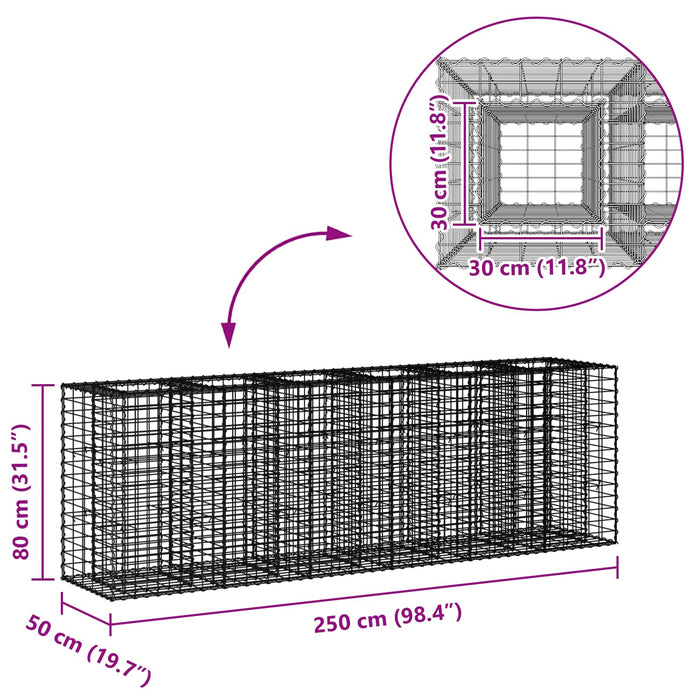 Pat ridicat din gabion 2 pcs Argintiu 250 x 50 x 80 cm - WALTI WALTI