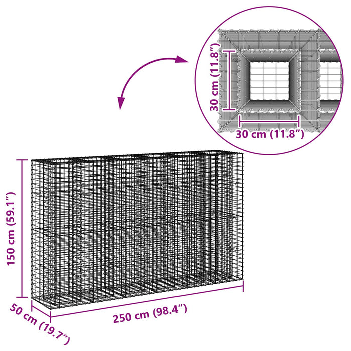 Pat ridicat din gabion 3 pcs Argintiu 250 x 50 x 150 cm - WALTI WALTI