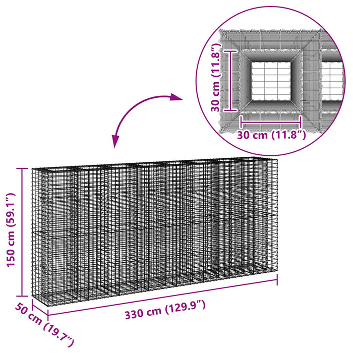 Pat ridicat din gabion 4 pcs Argintiu 330 x 50 x 150 cm - WALTI WALTI
