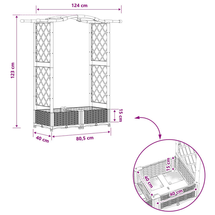 Pat Ridicat cu Trellis și Acoperiș Maro 124 x 40 x 125 cm PP WALTI