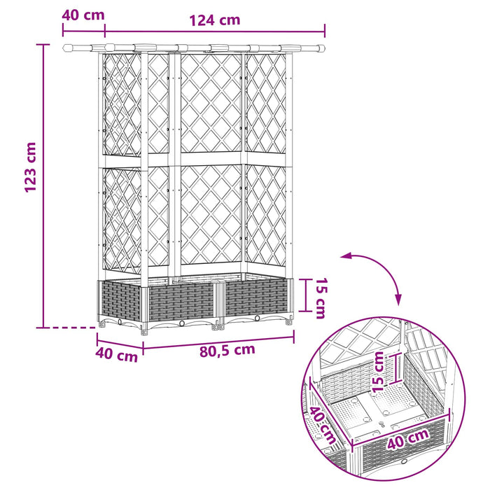 Pat Ridicat cu Trellis și Acoperiș Maro 124 x 40 x 123 cm PP WALTI