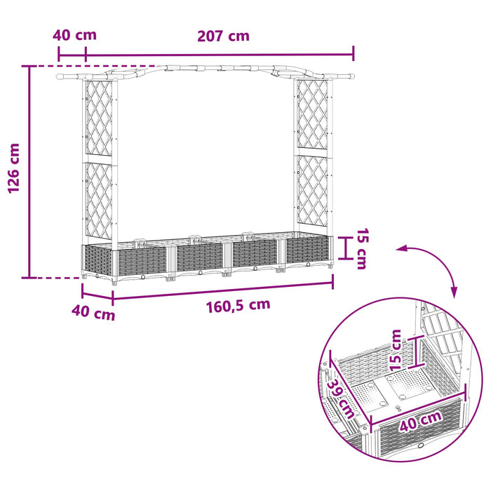 Pat Ridicat cu Trellis și Acoperiș Negru 207 x 40 x 126 cm PP WALTI
