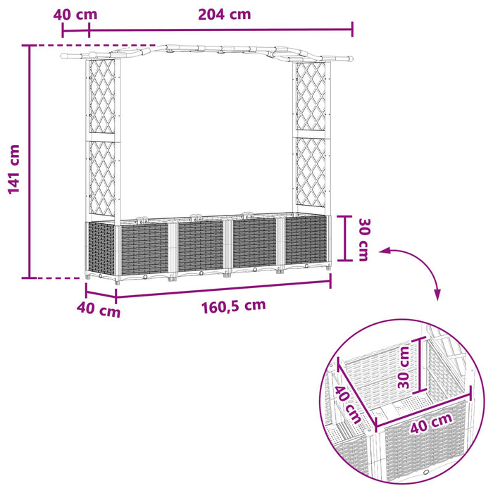 Pat Ridicat cu Trellis și Acoperiș Negru 204 x 40 x 141 cm PP WALTI