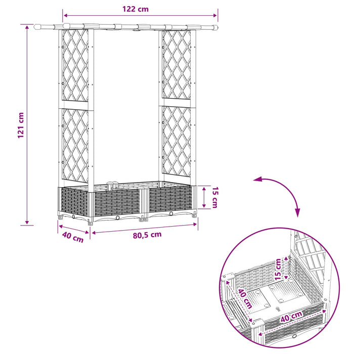 Pat Ridicat cu Trellis și Acoperiș Negru 124 x 40 x 123 cm PP WALTI