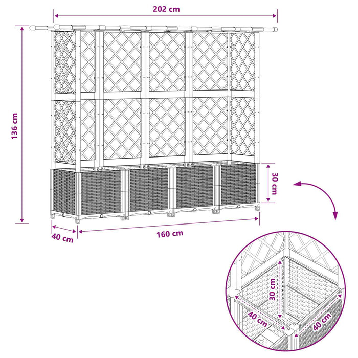 Pat Ridicat cu Trellis și Acoperiș Negru 202 x 40 x 138 cm PP WALTI