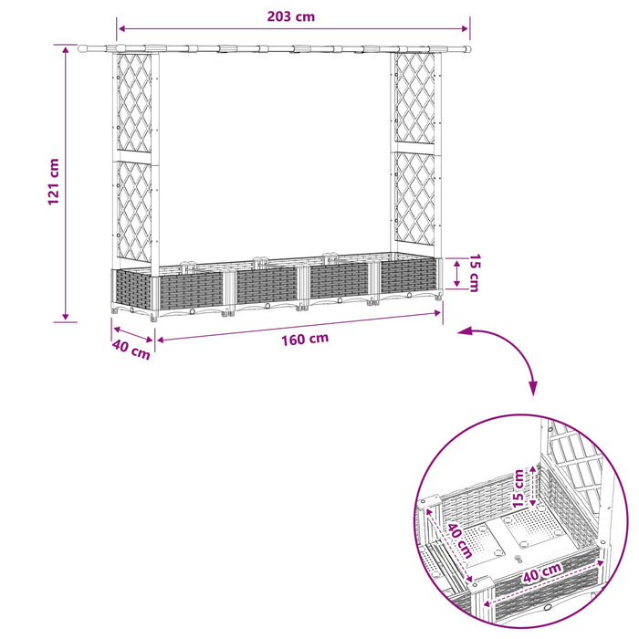 Pat Ridicat cu Trellis și Acoperiș Gri 203 x 40 x 123 cm PP WALTI