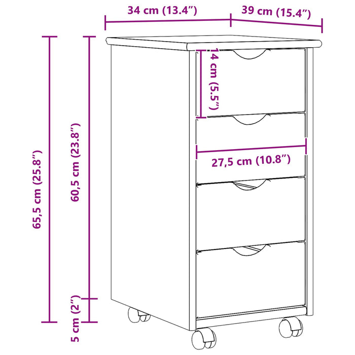Cabinet mobil cu roata Maro 65,5 x 34 x 39 cm Lemn de pin masiv - WALTI WALTI