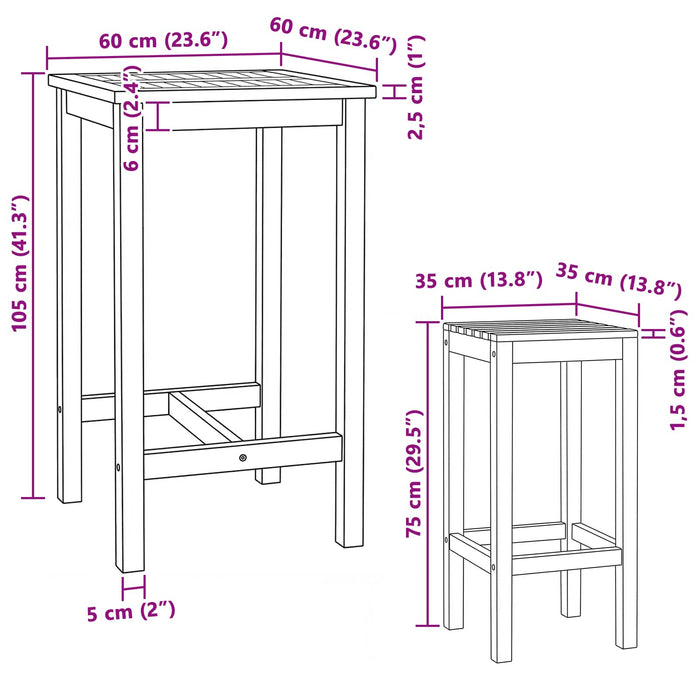 Set de bar pentru exterior 3 pcs Netratat Lemn solid de tec WALTI