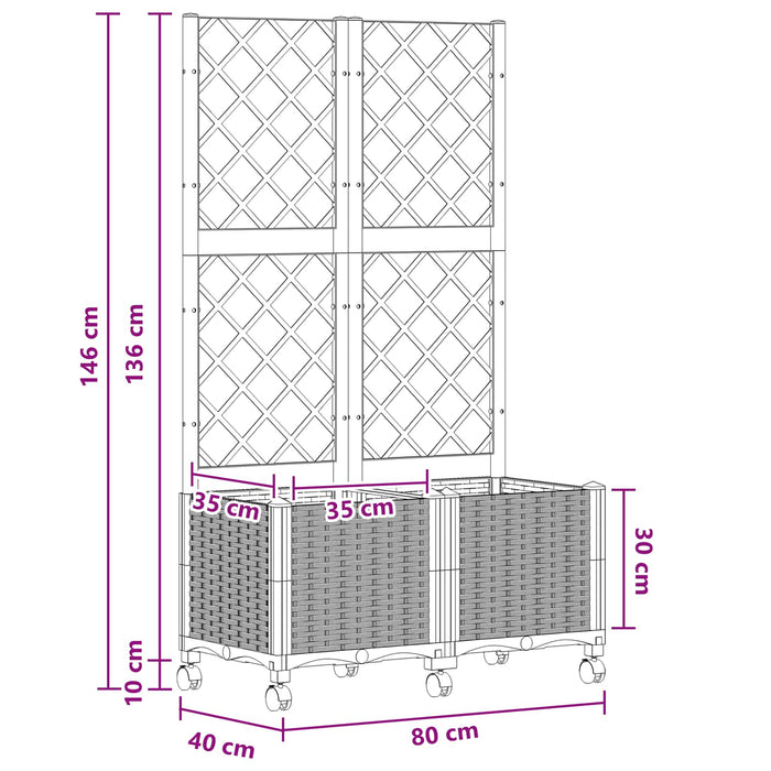 Vază de gradină cu spalier și roți Alb 80 x 40 x 146 cm PP WALTI