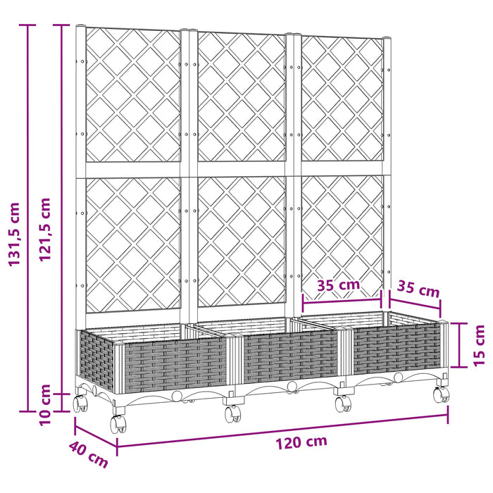 Vază de gradină cu spalier și roți Negru 120 x 40 x 131,5 cm PP WALTI