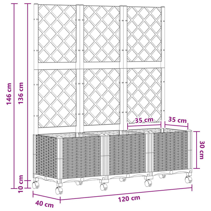 Vază de gradină cu spalier și roți Alb 120 x 40 x 146 cm PP WALTI