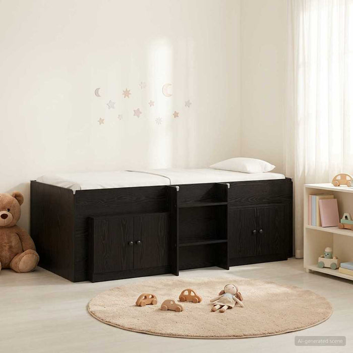 Cadru de pat loft cu sertar cu ușă 3 buc. Negru Lemn compozit WALTI
