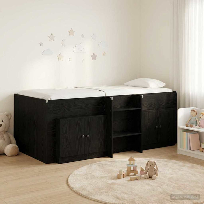 Cadru de pat loft cu sertar cu ușă 3 buc. Negru Lemn compozit WALTI