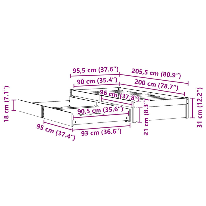 Cadru de pat cu sertar 3 pcs Maroniu cerat Lemn de pin - WALTI WALTI