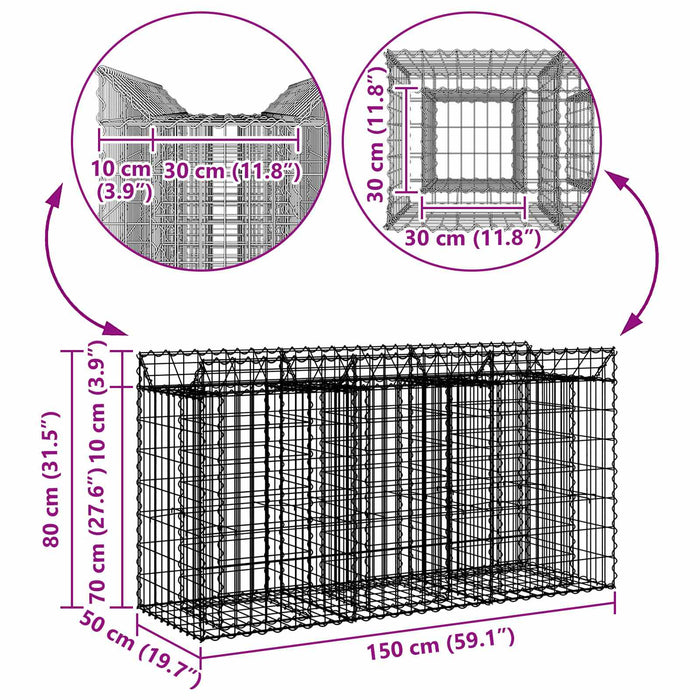 Pat ridicat din gabion Argintiu 150 x 50 x 80 cm - WALTI WALTI