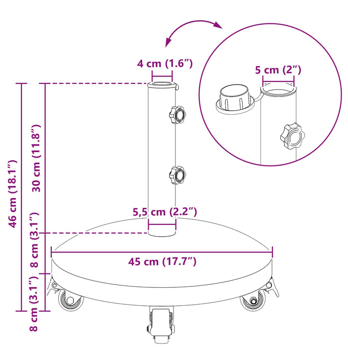 Bază de parasol din granit cu roți pentru stâlp de 4-5 cm Gri WALTI