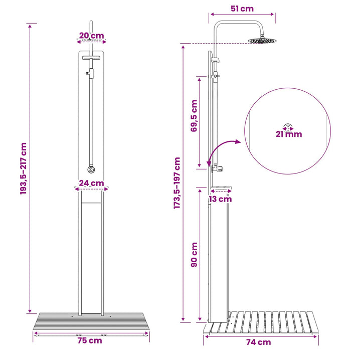 Duș exterior 217 cm Lemn masiv de acacia și oțel inoxidabil Alb - WALTI WALTI