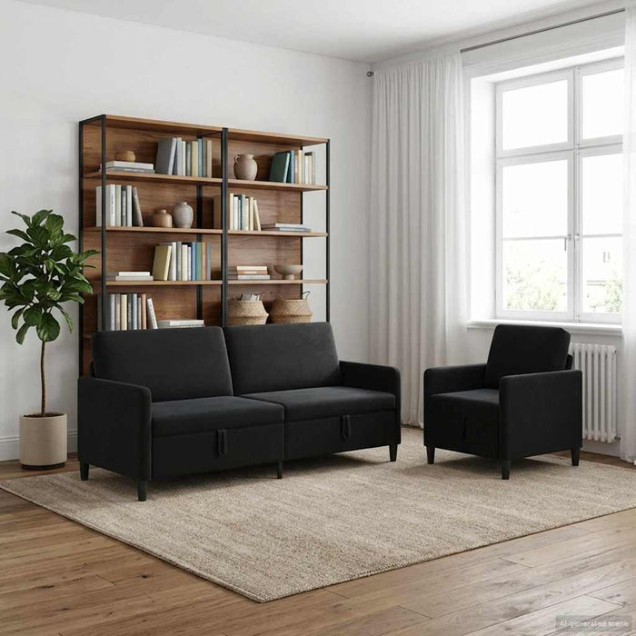 Set de canapea cu spațiu de depozitare 2 buc. Negru Poliester WALTI