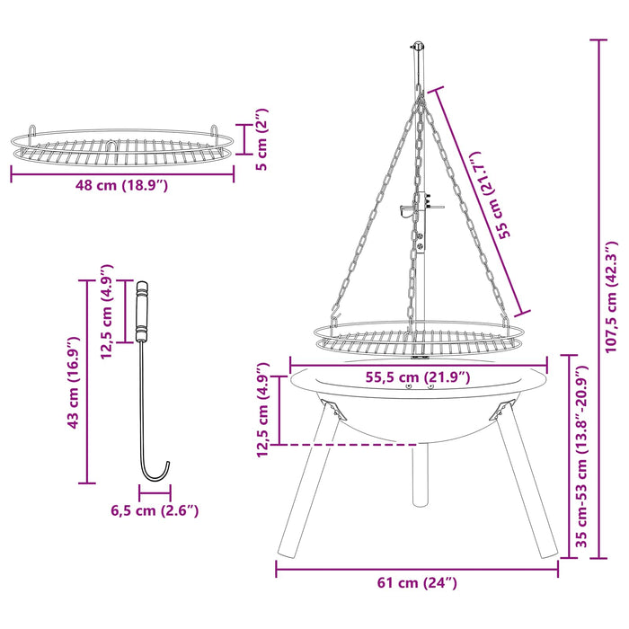 Focar cu grătar ajustabil ⌀55,5 x 107,5 cm Oțel Negru - WALTI WALTI