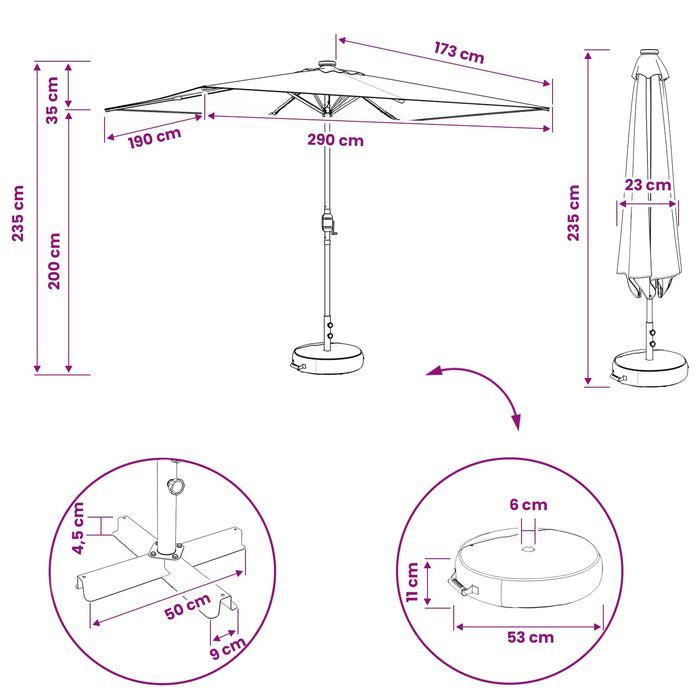 Parasol de grădină cu lumini LED și bază 200 x 300 cm Poliester WALTI