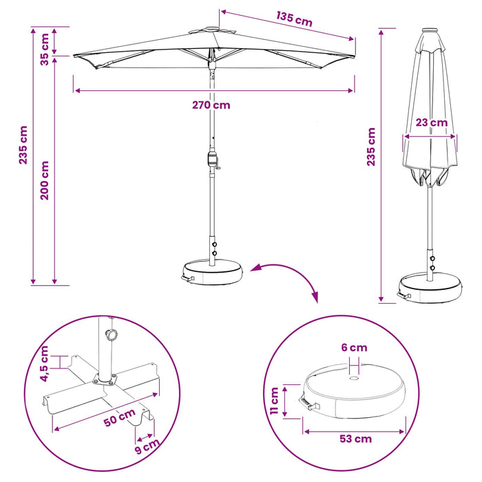 Parasol de grădină cu lumini LED și bază 270 x 270 cm Poliester WALTI