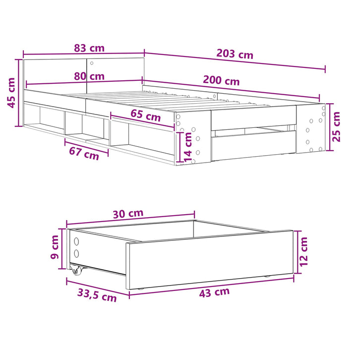 Cadru de pat cu depozitare Gri Beton 80 x 200 cm Lemn prelucrat WALTI