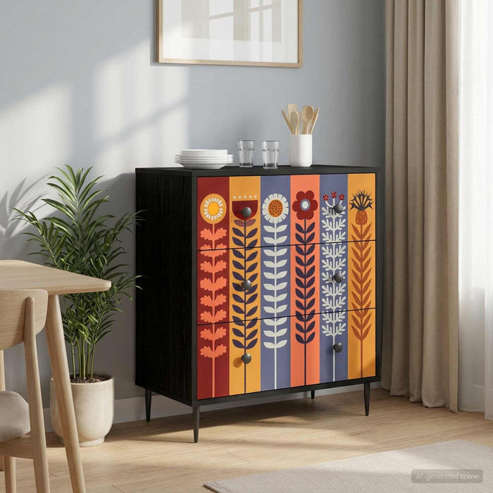 Comodă cu sertare ESSEN Print cu floarea-soarelui Stejar Negru WALTI