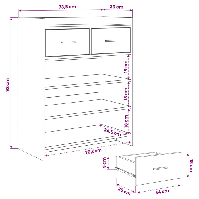 Dulap pentru pantofi cu sertar Stejar Negru 73,5 x 36 x 92 cm WALTI