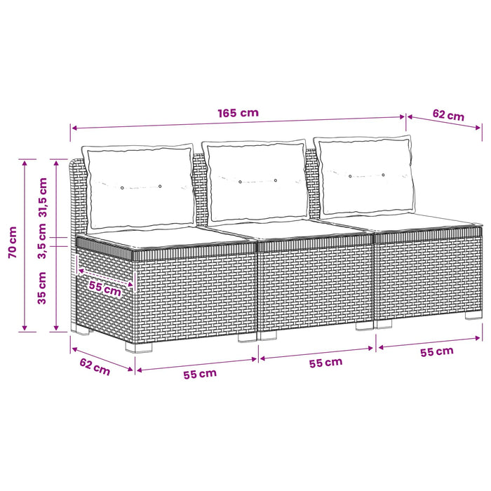 Sofa de grădină cu 3 locuri, cu perne, aspect de rattan PP WALTI