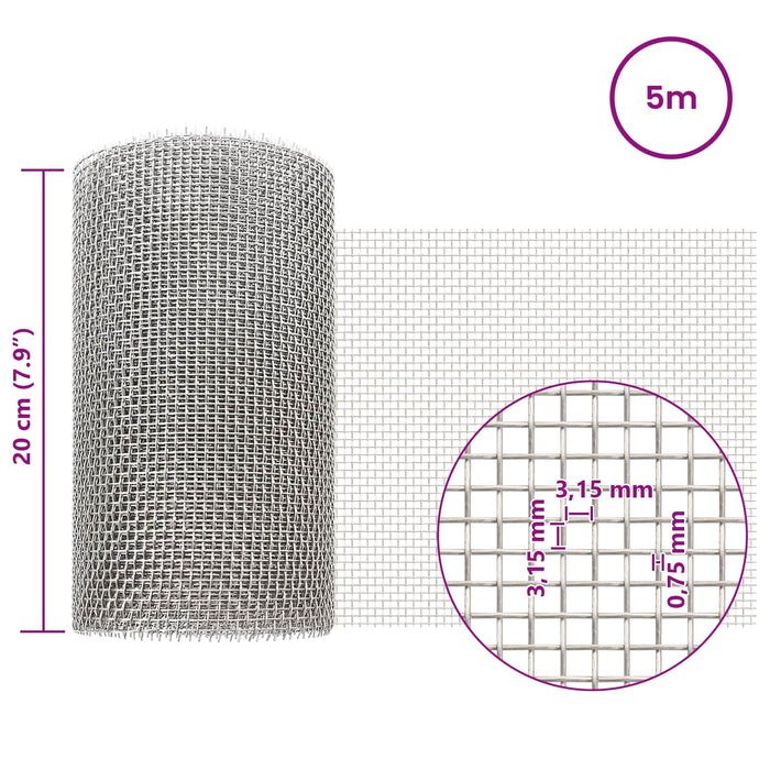 Ecran din plasă 20 x 500 cm 6 Mesh Oțel Inoxidabil 201 Argintiu WALTI