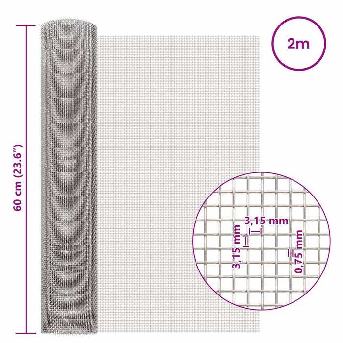 Ecran din plasă 60 x 200 cm 6 Mesh Oțel Inoxidabil 201 Argintiu WALTI