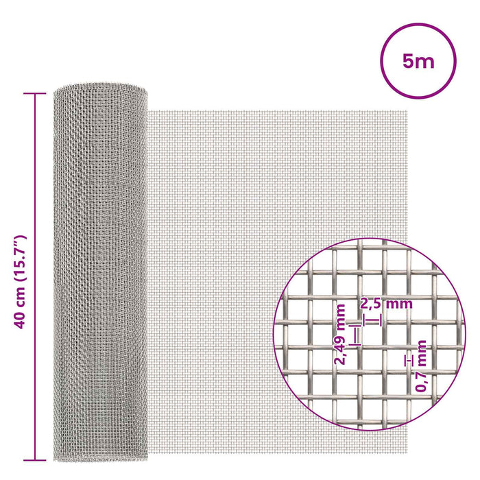 Ecran din plasă 40 x 500 cm 8 Mesh Oțel Inoxidabil 201 Argintiu WALTI