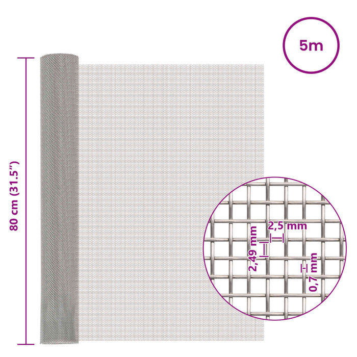 Ecran din plasă 80 x 500 cm 8 Mesh Oțel Inoxidabil 201 Argintiu WALTI