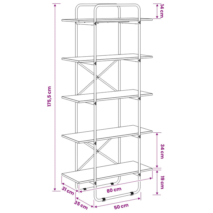 Raft pentru cărți 5 niveluri 80 x 35 x 175,5 cm PB WALTI