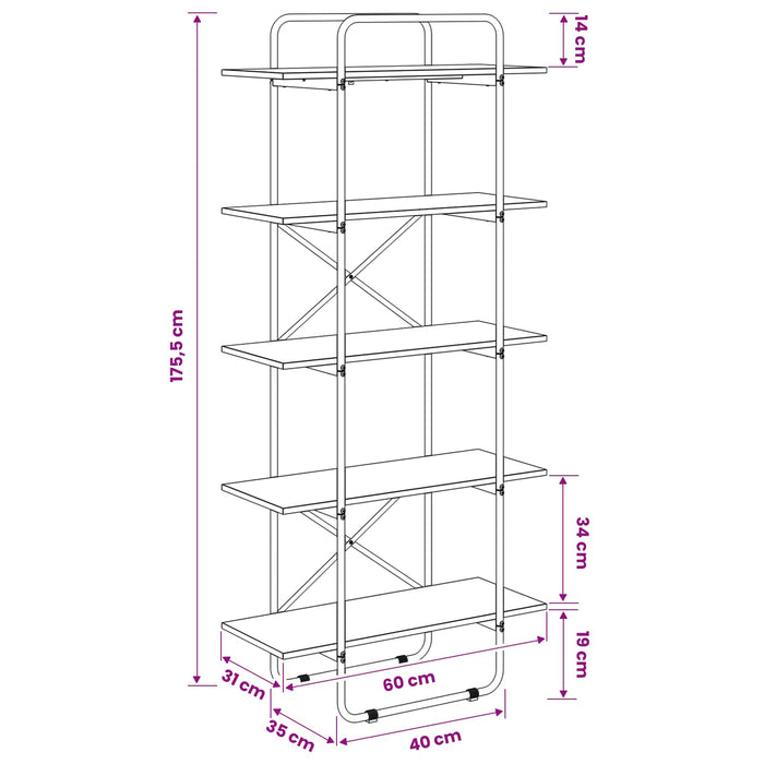 Raft pentru cărți 5 niveluri 60 x 35 x 175,5 cm PB WALTI