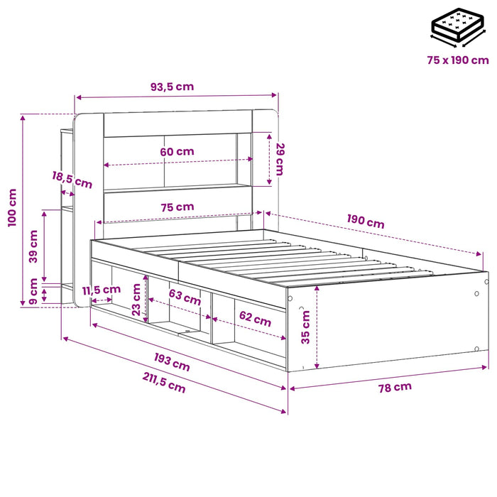 Cadru de pat cu depozitare Negru 75 x 190 cm Lemn prelucrat - WALTI WALTI