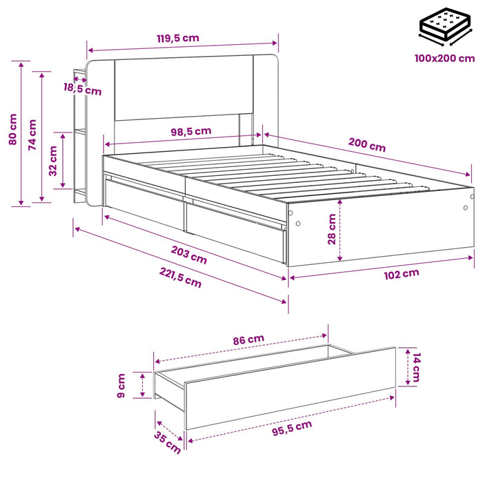 Cadru de pat cu depozitare cu sertar Sonoma gri 100 x 200 cm - WALTI WALTI