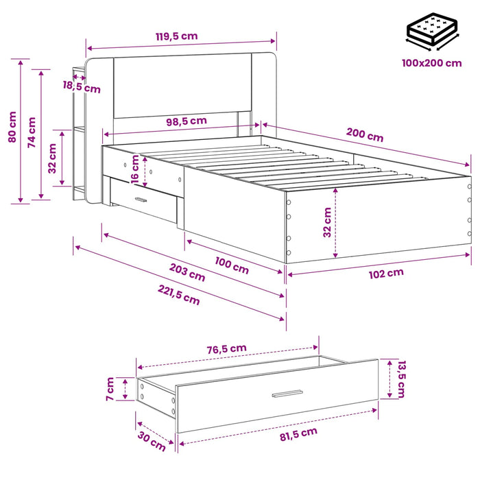 Cadru de pat cu depozitare cu headboard Sonoma gri 100 x 200 cm - WALTI WALTI