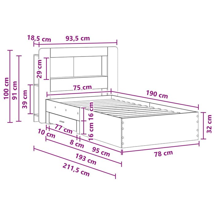 Cadru de pat cu depozitare cu headboard Sonoma gri 75 x 190 cm - WALTI WALTI